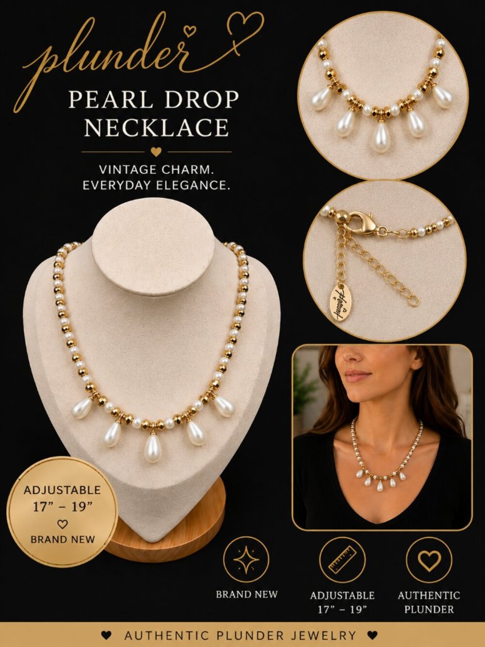 Plunder Gold and White Pearl Drop Necklace